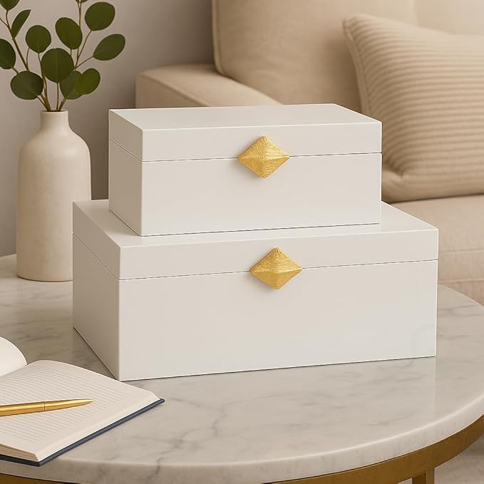 Vintiquewise Set of 2 Decorative Wooden Storage Boxes with Gold Accent – Boxes for Keys, Jewelry, Makeup, Accessories, Crafts, Gadgets, Home Office, Living Room, Bedroom & Entryway Décor, White