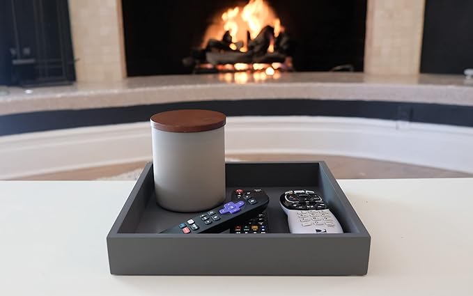 10"x10" Small Square Wood Decorative Tray for Office, Ottoman, Bathroom, Entry, Remote Controls, Countertop Organizer, Candle Tray- Charcoal