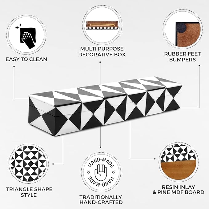 Handicrafts Home Decorative Storage Box with Lid – Black and White Remote Control Box, Slim Coffee Table Storage Box, Decorative Box for Shelf, Desk & Living Room Decor – Trianlge 10 x 2.5 x 1.5