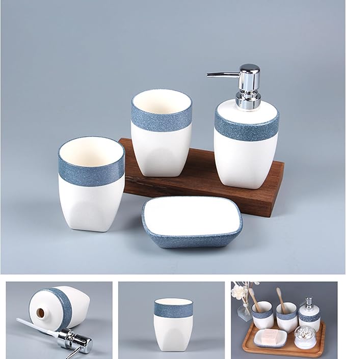 Bathroom Accessories Set of Ceramic soap Dispenser, 2 Toothbrush Cups, soap Dish, Exquisite Snowflake Glaze Technology Bathroom Accessories 4-Piece Set (Blue)