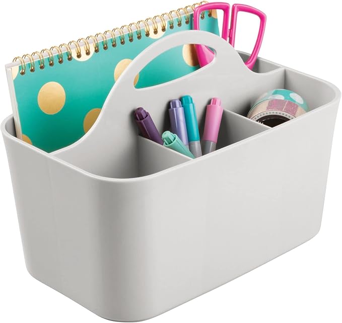 mDesign Plastic Small Office Storage Organizer Utility Tote Caddy with Handle for Cabinets, Desks, Workspaces - Holds Desktop Office Supplies, Pencils, Staplers Lumiere Collection, 2 Pack, Light Gray