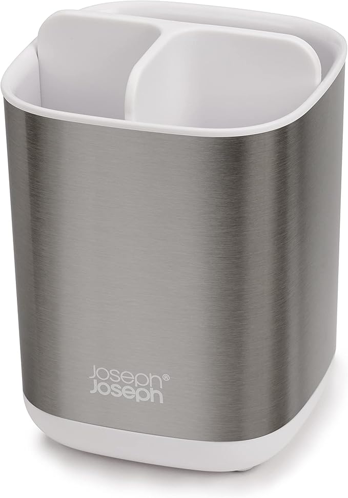 Joseph Joseph EasyStore Stainless-Steel Toothbrush Holder Bathroom Storage Countertop Organizer Caddy, Small