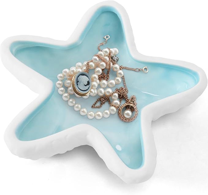 Starfish Jewelry Dish Tray Blue Ceramic Jewelry Holder Ring Dish Ocean Style Trinket Tray for Rings Earrings Necklaces Bracelet Jewelry Keys Table Decoration Supplies