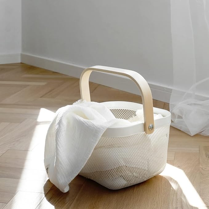 Mesh Steel Storage Organizer Basket Fruit Basket Bin with Wood Handle Ideal for Kitchen Bathroom Picnic Baskets Pantry Cabinets Storage Home Decor (White)