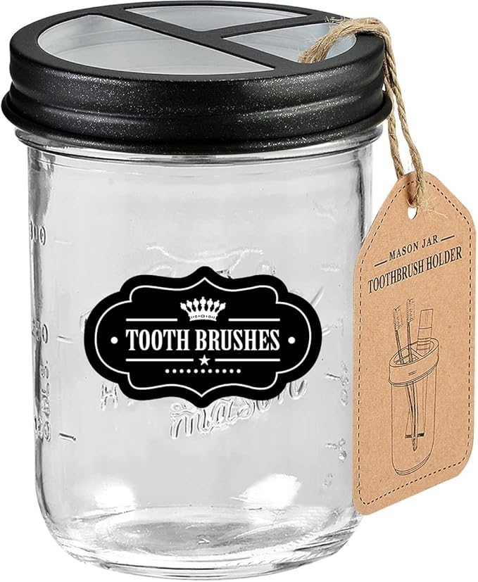 Mason Jar Toothbrush Holder -Black - with 16 Ounce Mason Jar,Premium Rustproof 304 Stainless Steel Lid and Chalkboard Labels - Rustic Farmhouse Decor Black Bathroom Accessories