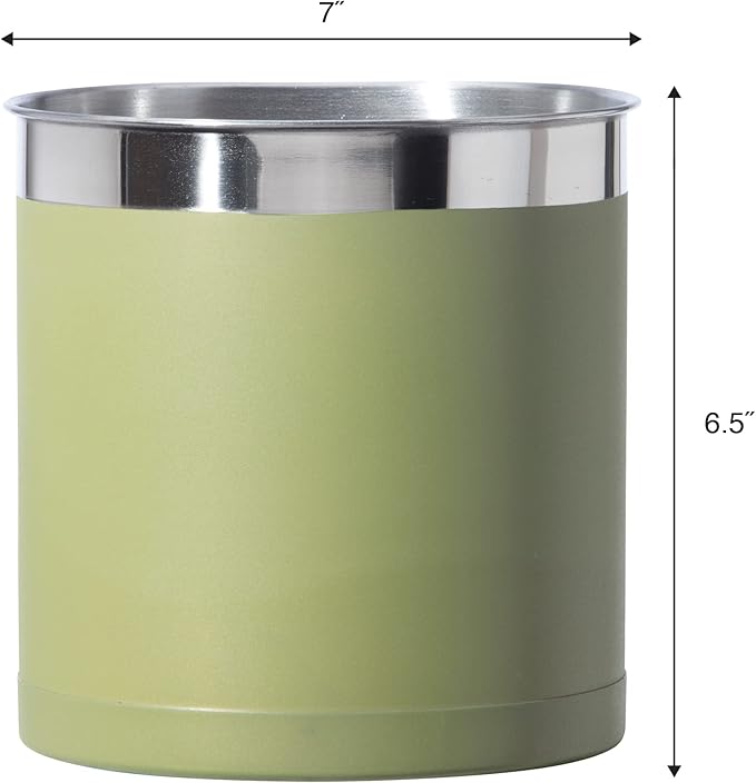 Oggi Stainless Steel Jumbo Utensil Holder - 7" Utensil Caddy, Weighted Base for Stability - Extra Large Utensil Crock and Countertop Utensil Organizer, Olive
