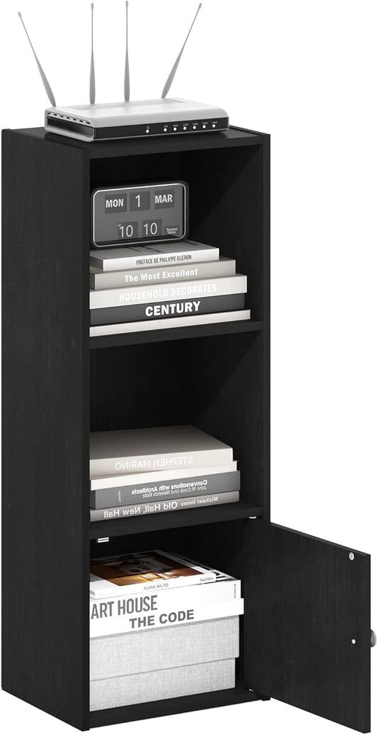 Furinno LUDER Book Shelf, 3-Tier Modern Bookshelf, Bookcase with 1 Door Storage Cabinet, 9.3 x 12 x 31.5, for Living Room, Bedroom, Home Office, Blackwood