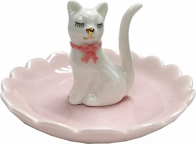 ROSA&ROSE Cat Ring Holder Trinket Tray Ceramic Jewelry Dish Decorative Ring Holder/Trinket Tray Engagement Wedding Birthday Gifts for Women Her (White/Pink)