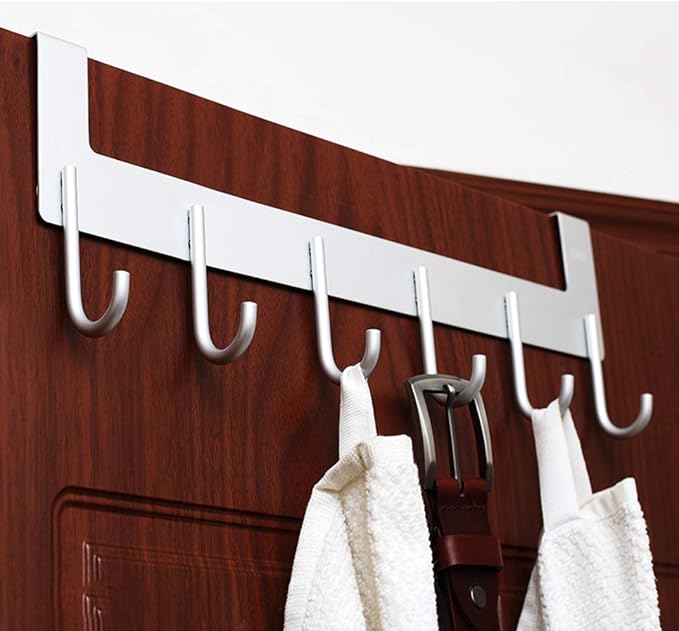 Over The Door Hanger, Metal Over The Door Hook Rack with 6 Hook for Hanging Towel Robe Coat Bathroom Bedroom Drying Racks for Laundry Silver
