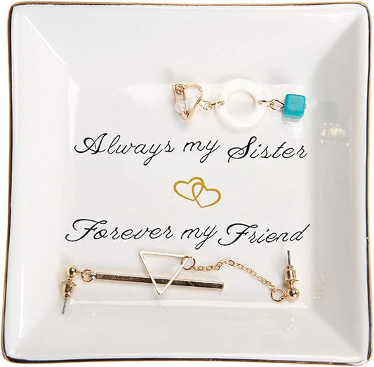 HOME SMILE Sister Birthday Gifts Trinket Dish Jewelry Tray -Always My Sister,Forover My Friend,Gifts for Sisters Bestie BFF Her Mother's Day Valentines Christmas