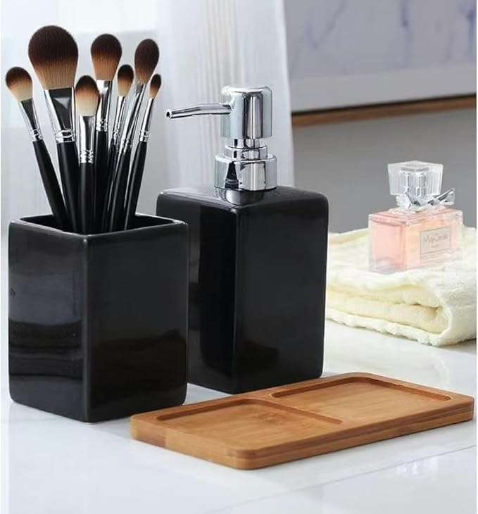 Black Ceramic Soap Dispenser and Toothbrush Holder,3-Piece Bathroom Accessories Set Modern Square Countertop Bath Set,Liquid Soap Dispenser,Tumbler Cup,Wooden Vanity Tray