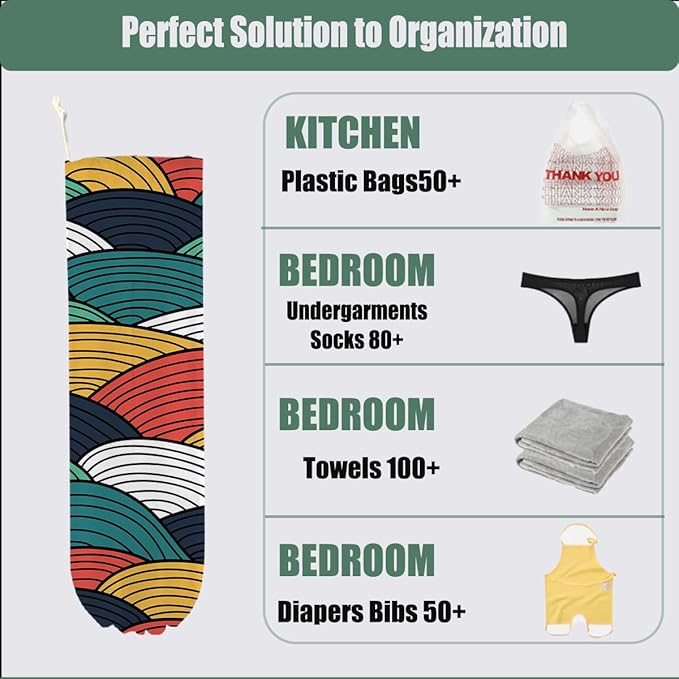 Geometric Waves Plastic Bag Holder, Wall Mount Plastic Bag Holders for Grocery Bags, Abstract Art Washable Grocery Bags Storage Dispenser for Home Kitchen Pantry Decor, Colorful Gifts for Women Mom