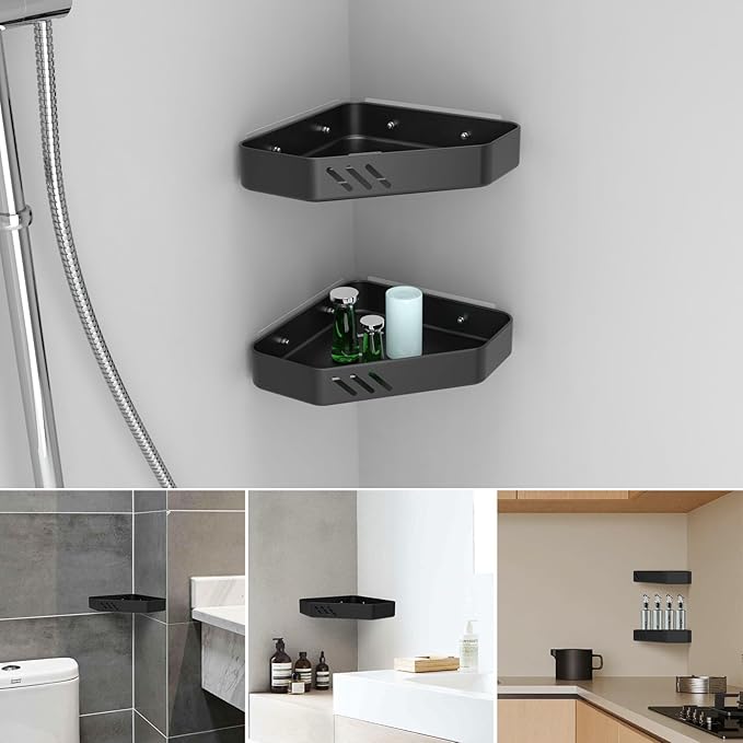 Ibergrif M34034B Shower Caddy Corner, Bathroom Corner Shelves, Bathroom Storage Shower Organizers, Self Adhesive or Wall Mounted, 2 Pack Black