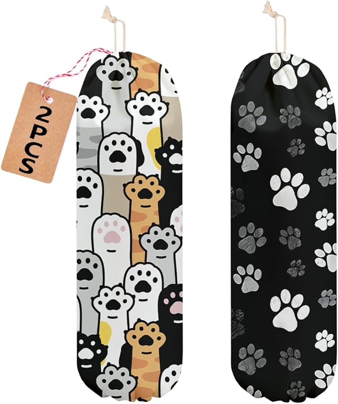 2 Pcs Cat Paws Plastic Bag Holder, Wall Mount Plastic Bag Holders for Grocery Bags, Large Reusable Grocery Bags Storage Dispenser for Home Kitchen Pantry Decor, Cute Cat Paws Gifts for Women Grandma