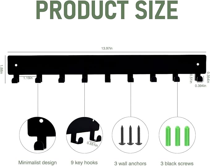 Key Holder Wall Mounted with 18 Hooks, Metal Key Organizer Rack, Black Key Hanger for Entryway, Kitchen, Living Room, Office, Doorway Decor (2 Pack, 14 Inches)