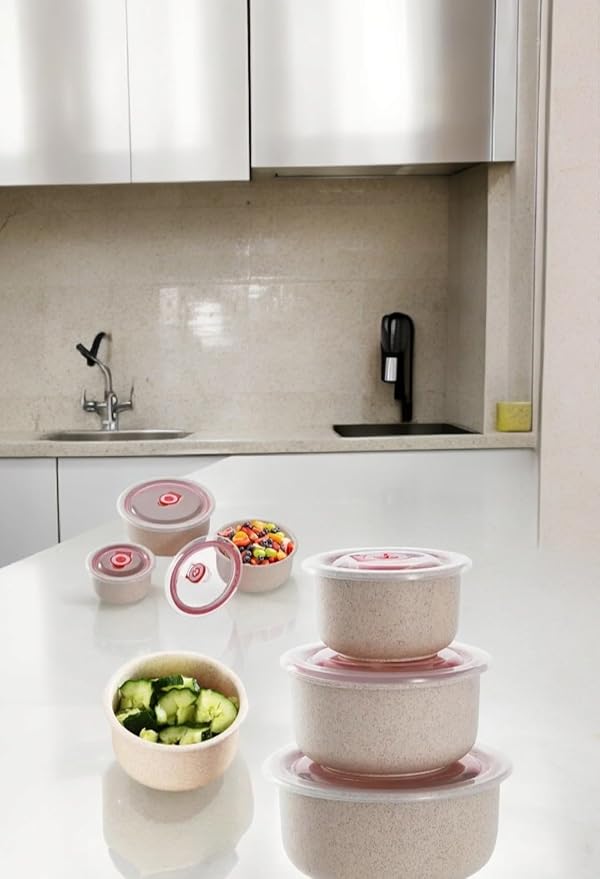 Wheat Straw Crisper Box with Lid Dry Food Vegetables and Fruits Sealed Storage Box Portable Plastic Crisper Bowl Set, Beige