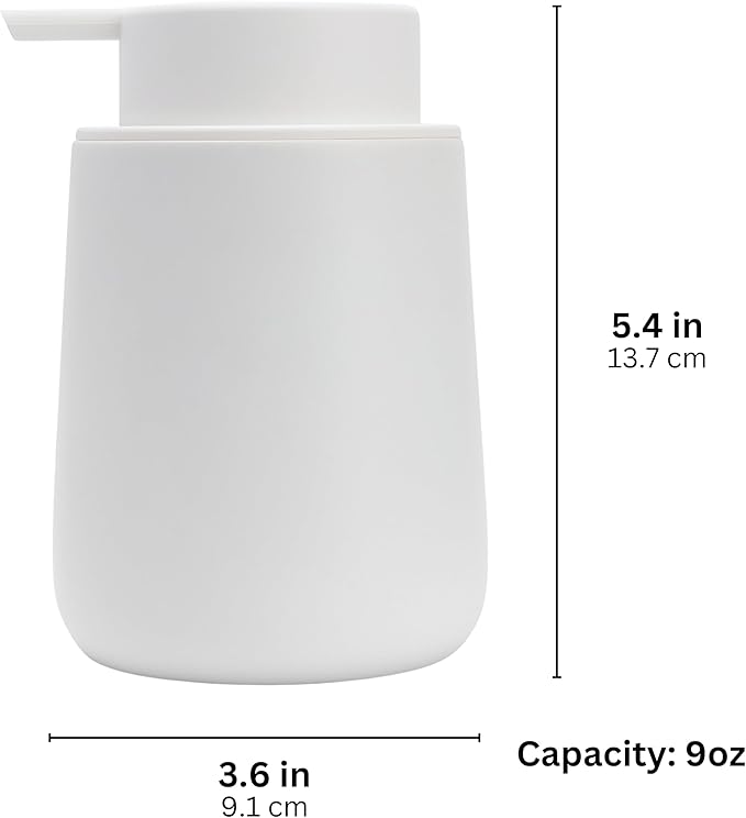 Matte White Round Soap Dispenser for Kitchen & Bathroom – 9 oz Refillable Resin Pump Bottle for Dish Soap, Hand Soap, Shampoo, Conditioner – Modern Countertop Dispenser with Non-Slip Protective Pads