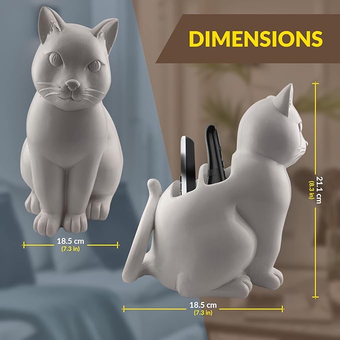 Cat TV Remote Caddy Fun & Durable Polyresin Organizer with 3 Compartments for Remotes, Eyeglasses, Office Supplies for Cat Lovers
