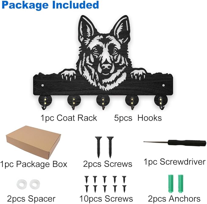 MAYJOYDIY German Shepherd Wood Key Holder for Wall 11.8x7.8inch Dog Animal Wall Mounted Key Hooks Coat Hanger Rack with 5 Alloy Hooks for Entryway Front Door Kitchen Office Decoration
