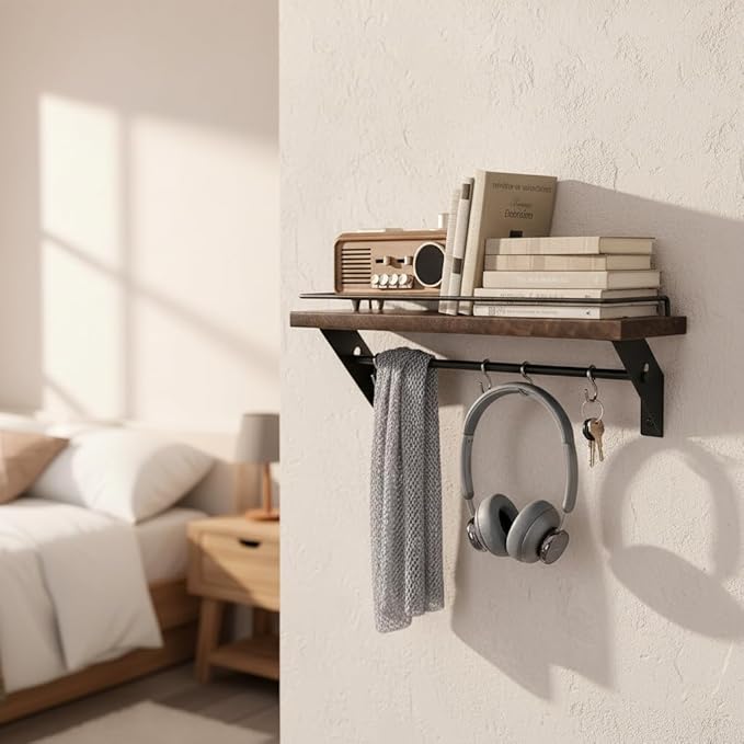 Coat Rack Wall Mount with Shelf - Natural Walnut Wall Shelf with Hooks, Entryway Floating Shelves with 5 Hooks and Metal Frame for Bags, Hats, Kitchen, Living Room, Bedroom