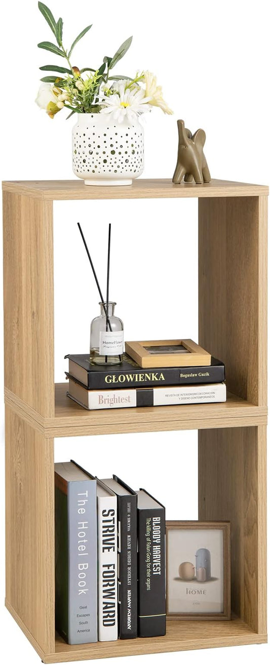 Giantex 2 Cube Bookshelf Organizer, 2-Tier 15'' Tall Open Shelving with Anti-toppling Device, Cube Storage Organizer, Record Player Stand, Wood Bookshelf for Living Room, Bedroom, Kids Room