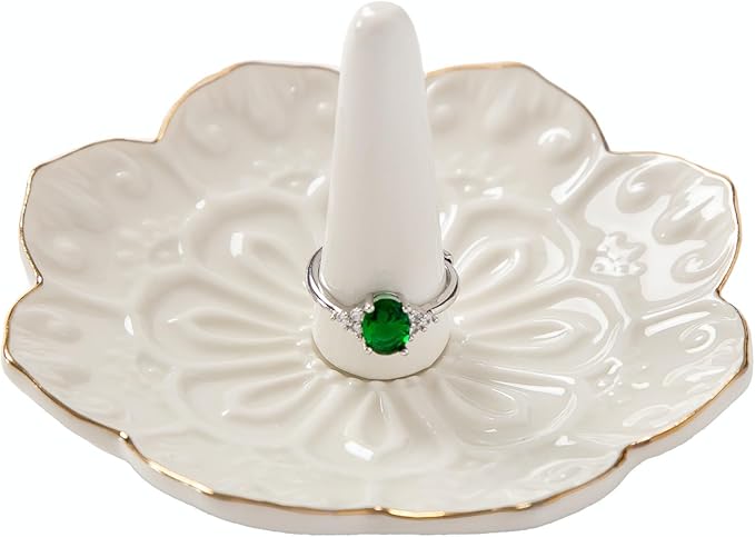 HOMEGOAL Ceramic Ring Holder Dish for Jewelry, Decorative Mandala Jewelry Tray for Rings Earrings Necklaces Watch Keys, Aesthetic Room Decor, Birthday Engagement Wedding Gifts for Women (White)