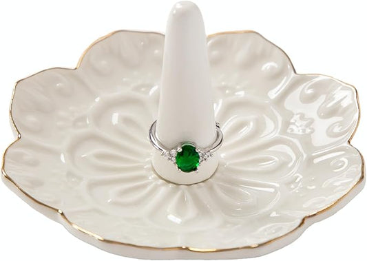 HOMEGOAL Ceramic Ring Holder Dish for Jewelry, Decorative Mandala Jewelry Tray for Rings Earrings Necklaces Watch Keys, Aesthetic Room Decor, Birthday Engagement Wedding Gifts for Women (White)