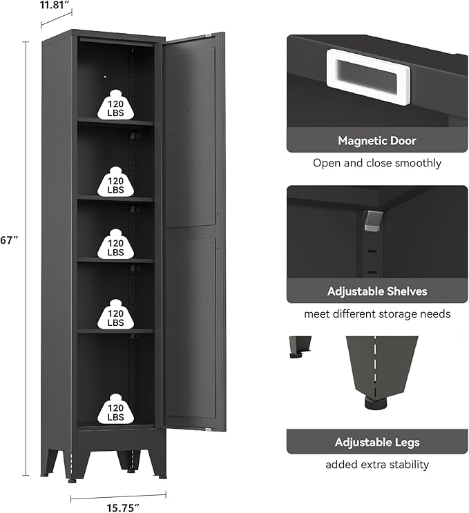 White Narrow Metal Storage Cabinet, Tall Freestanding Cabinet with 4 Adjustable Shelves & Barn Doors, Pantry Organizer for Bathroom Kitchen Home Office Dining Room（1PC,Black）