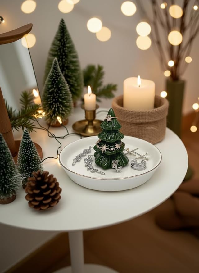 Forest Green Christmas Tree Ring Dish â Ceramic Jewelry Holder for Kitchen Sink or Vanity â Aesthetic Holiday Decor, Xmas Tree Trinket Tray, Birthday or Christmas Gifts for Women