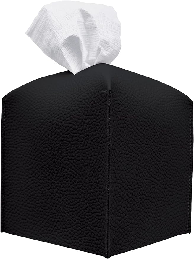 carrotez Tissue Box Cover, [Refined] Modern PU Leather Square Tissue Box Holder - Decorative Holder/Organizer for Bathroom Vanity Countertop, Night Stands, Office Desk & Car 5X5X5 - Black
