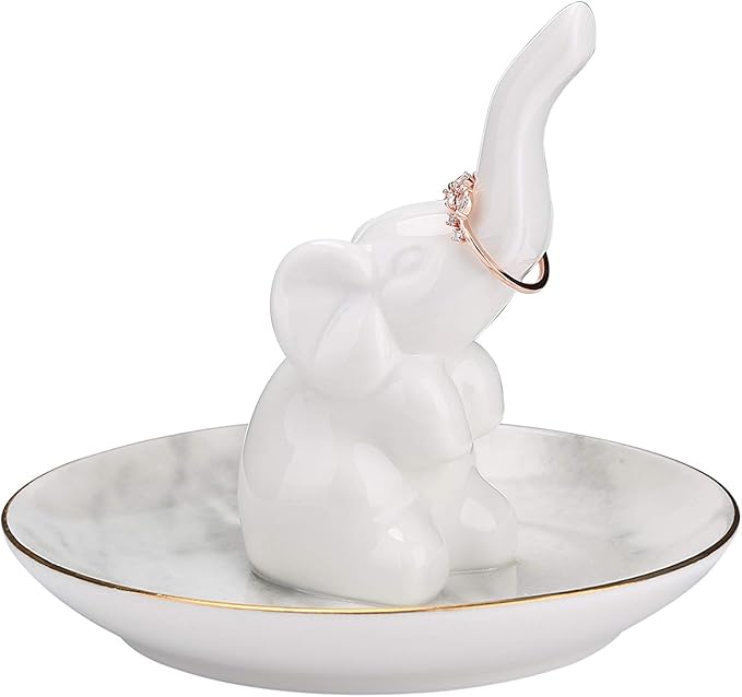 HOME SMILE White Elephant Ring Holder with Marble Pattern Dish,Elephant Gifts for Women Chritsmas