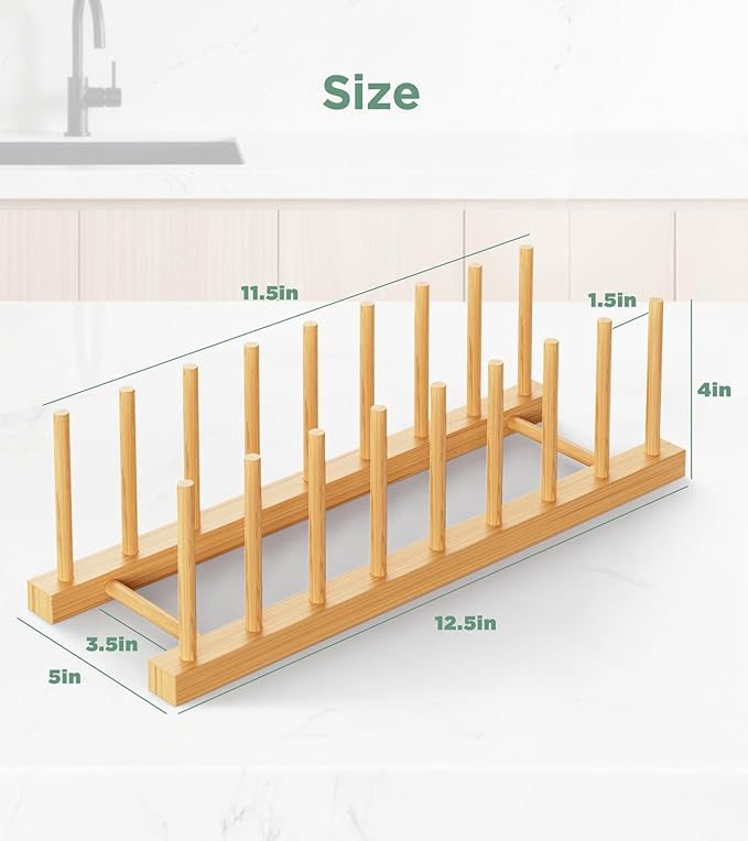 Bamboo Dish Drying Rack, Plate Organizer for Kitchen Cabinet, Vertical Plate Lid Holders for Plates, Cups, Cutting Boards, Utensils Cabinet or Countertop Storage