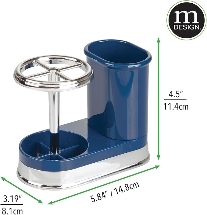mDesign Decorative Bathroom Dental Storage Organizer Holder Stand for Electric Spin Toothbrush/Toothpaste - Compact Design for Countertop and Vanity, Holds 4 Standard Brushes - Navy Blue/Chrome