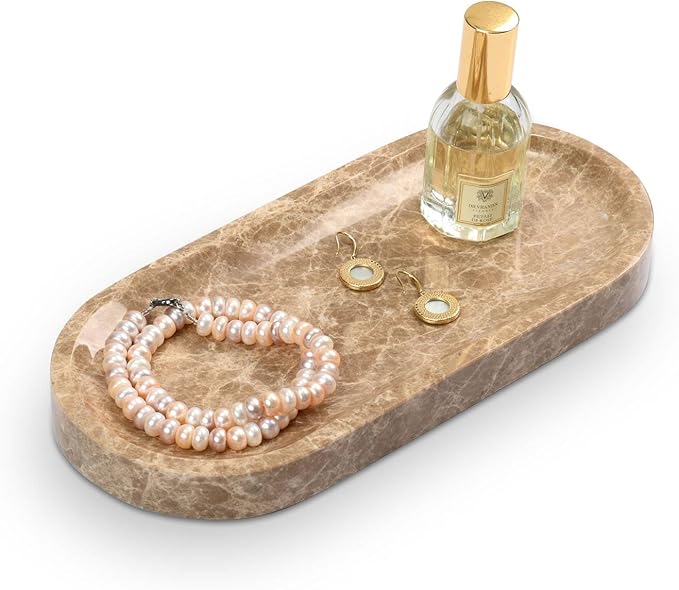 Bathroom Vanity Tray, Natural Marble Oval Tray 10 inch, Emperador Light Marble Vanity Tray for Soap Dispenser Modern Countertop Organizer for Kitchen Countertops, Home Decor