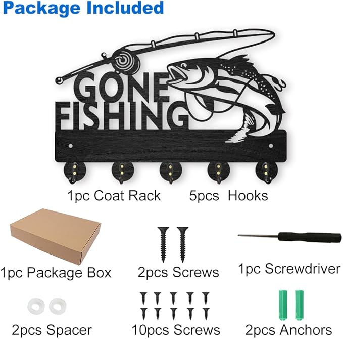 MAYJOYDIY Wood Gone Fishing Coat Rack Wall Mount Key Holder for Wall 11.87.9inch Black Lake Fish Key Rack Hangers 5 Alloy Hooks Wall Art Decor for Entryway Front Door Lover Gift