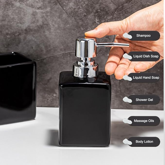 Black Ceramic Soap Dispenser and Toothbrush Holder,3-Piece Bathroom Accessories Set Modern Square Countertop Bath Set,Liquid Soap Dispenser,Tumbler Cup,Wooden Vanity Tray