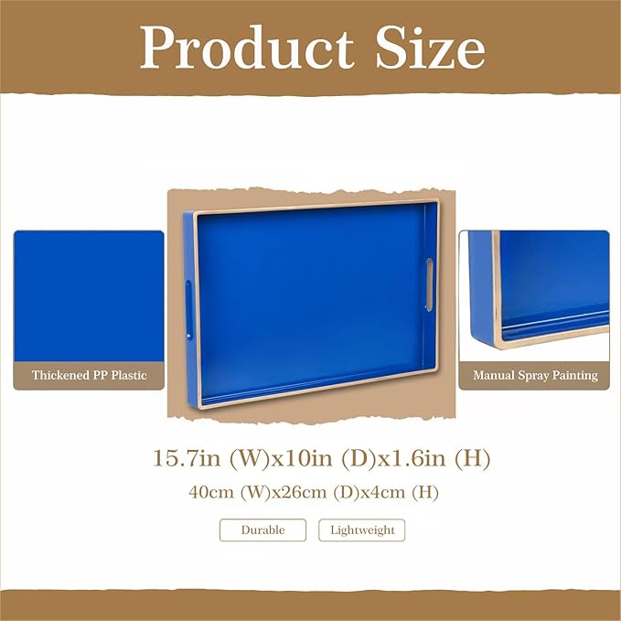 Zosenley Decorative Tray, Rectangular Plastic Tray with Handles, Modern Vanity Tray and Serving Tray for Bathroom, Kitchen, Ottoman and Coffee Table, 15.6â x 10.2â (Drak Blue)
