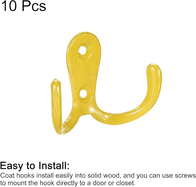 uxcell Wall Hooks, 10Pcs - Zinc Alloy Double Prong Retro Hook, Hooks for Hanging Towel Coat Backpack Clothes Scarf Keys Hat Cup (Yellow)