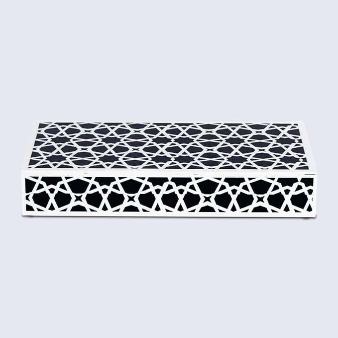 Handicrafts Home Large Decorative Storage Box with Lid – Black and White Coffee Table Storage Box, Decorative Remote Control Holder, Keepsake Box for Living Room & Shelf Decor – Moroccan Zellij 12x6x2