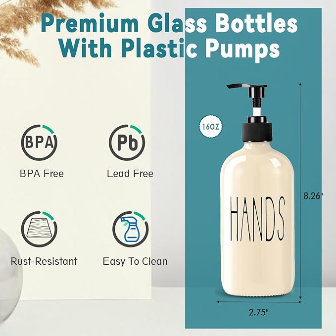 Glass Soap Dispenser Set 2 Pack,16 Oz Dish Soap Dispenser for Kitchen Sink,Beige Kitchen Accessories and Kitchen Decor,Beige Decorations and Kitchen Utensils for Kitchen