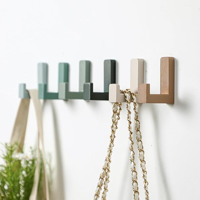 6 Pack Cute Kids Coat Wall Hooks Wooden Adhesive Decorative Colorful Wall Mounted Hangers Backpack Hooks for Hanging Keys Towel Clothes Bathroom Organization(Green)