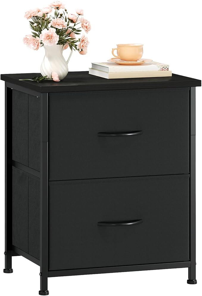 Somdot Nightstand Set of 2 with 2 Storage Drawers, Small Bedside Table End Table, Wooden Top Fabric Cabinet for Bedroom, Kids Closet, College Dorm, Entryway, Black
