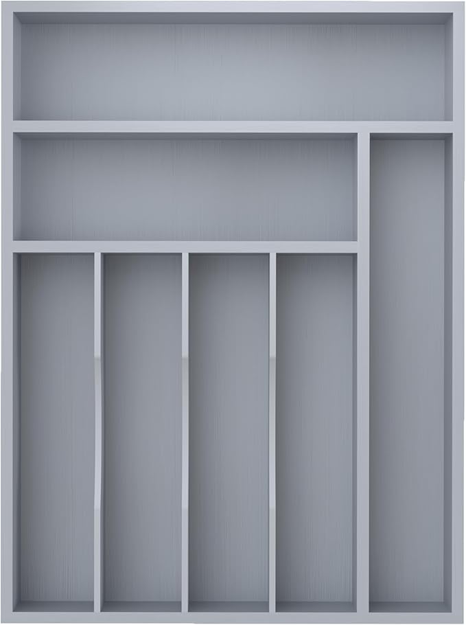 Bamboo Silverware Organizer, Kitchen Drawer Organizer, Utensil Holder, Cutlery Tray & Spoon Flatware Storage with Grooved Drawer Dividers (7 Slots, Grey)