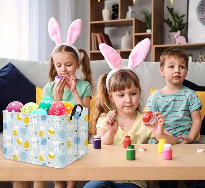 Rectangular Easter Basket Kids Storage Basket Gift Basket Baby Storage Basket Cute Kids Toy Storage Bin Organizer Shelf Book Basket Room Decor(Blue Easter Bunny)