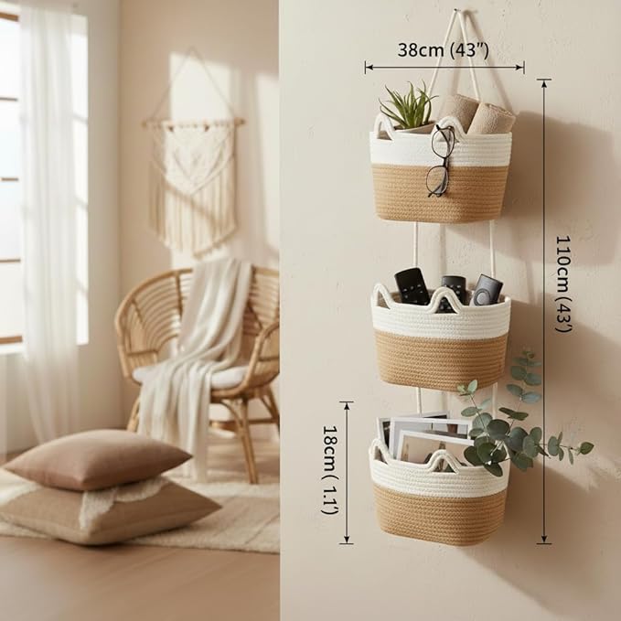 Hanging Wall Basket, Over the Door Hanging Basket with Hooks, Decorative Hanging Basket for Wall, Door, Nursery, Living Room, Bathroom, Cat-Like Design for Boho Decor, White & Jute
