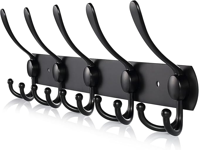 Coat Rack Wall Mounted,5 Tri Stainless Steel Coat Hook for Coat Hat Robes Towel in Mudroom Entryway (Black, 1 Pack 5 Hook)