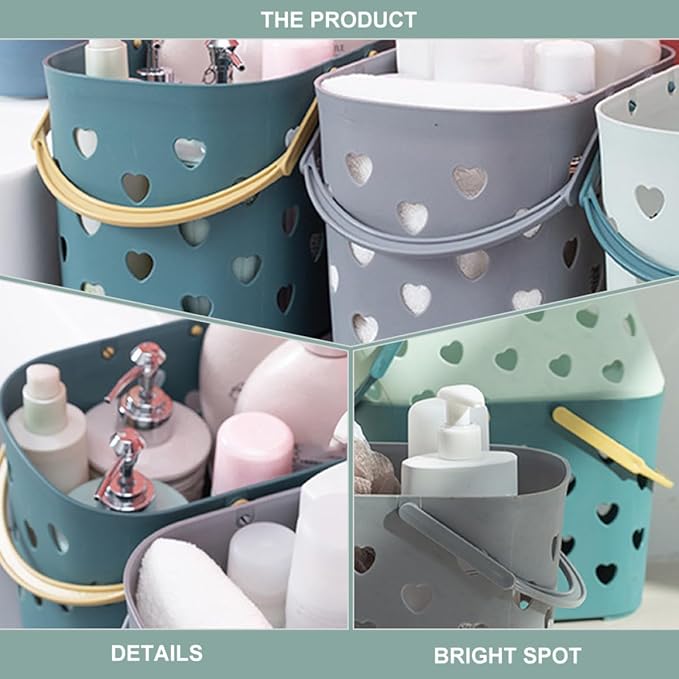 NUOBESTY Heart-shaped Portable Bathroom Storage Basket, Plastic Shower Caddy with Handle, Hollow-out Drainage Organizer for Bathroom and Dormitory Storage