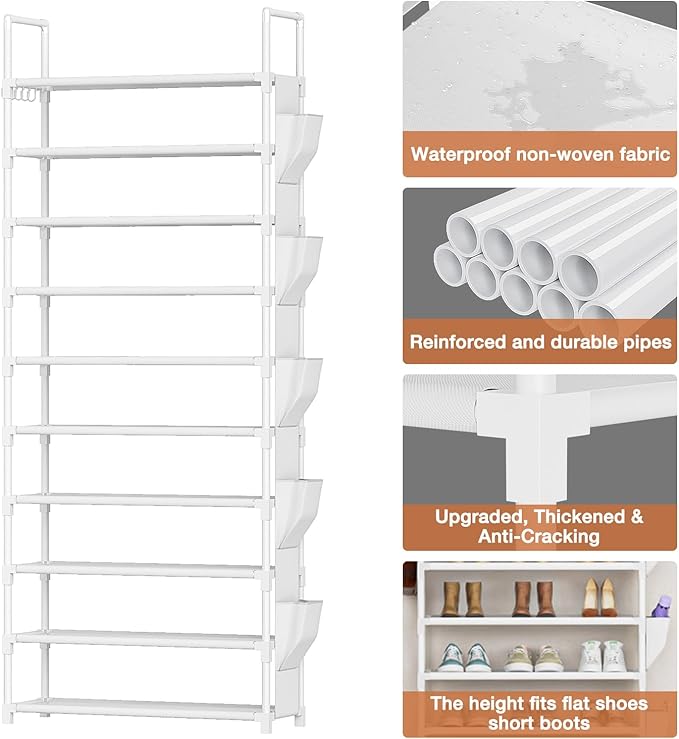 Tall Shoe Rack 10 Tier Shoe Racks Organizer for Closet 30-35Pairs,Large Capacity Storage Rack for Shoes with 5Hooks and Side Pocket,Sturdy Metal Shoe Shelf, Vertical Shoe Stand Tower