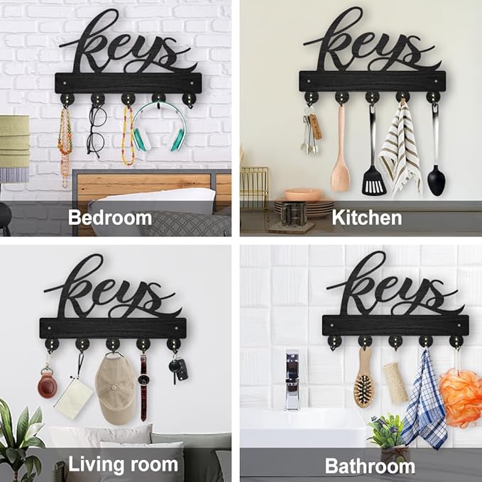 MAYJOYDIY Wood Keys Holder for Wall 11.8×7.8inch Decorative Key Rack Keychain Hanger Key Hooks Organizer 5 Alloy Hooks for Home Decor Gift Entryway Coat Rack Hallway Office