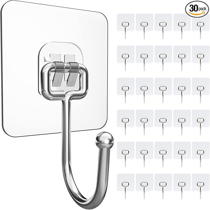 30 Packs Large Adhesive Wall Hooks, Heavy Duty Hold 44lb(Max) Wall Hooks for Hanging, Transparent Waterproof Rustproof Sticky Hooks for Kitchen Bathroom Home Office